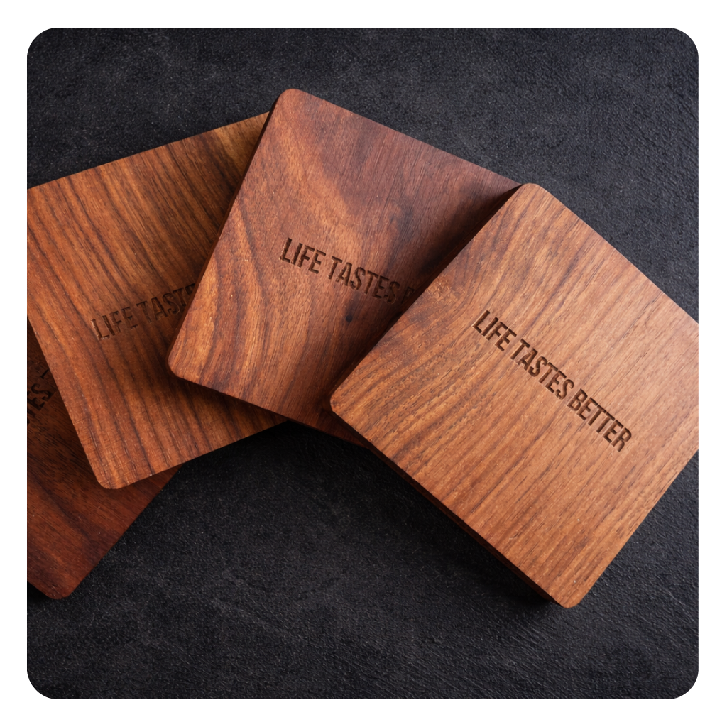 Three wooden coasters with 'Life Tastes Better' engraving - Cyclups Plantastiq sustainable wooden coasters