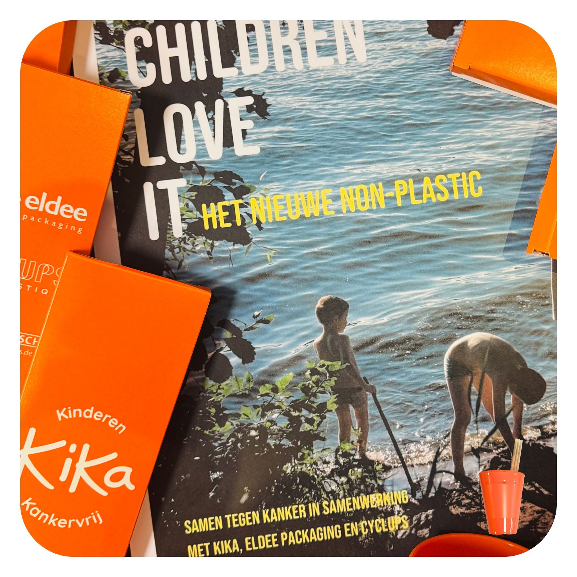 Cyclups Plantastiq 'Children Love It: Het Nieuwe Non-Plastic' campaign - KiKa Kankervrij charity partnership packaging with children playing near water