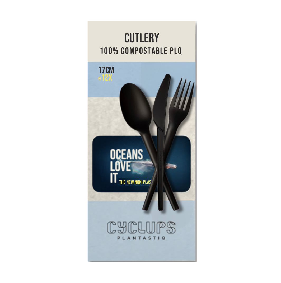 Cyclups Plantastiq Cutlery packaging, 100% compostable PLQ made from wheat, 17cm - non-plastic fork, knife, and spoon set
