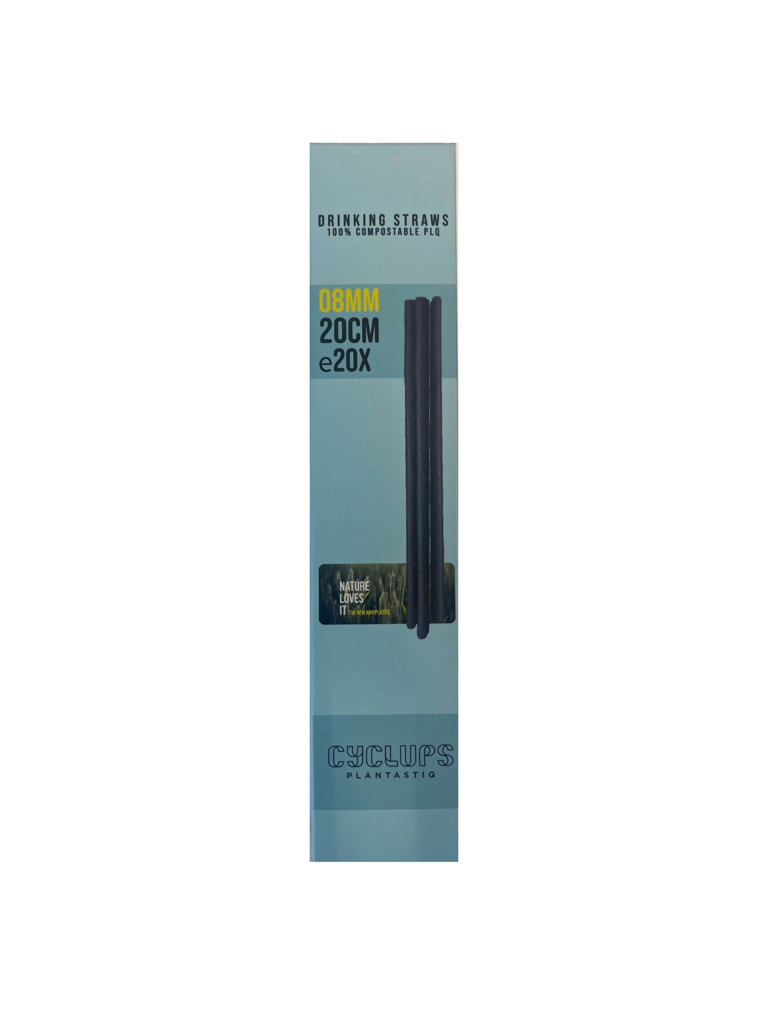 Cyclups Plantastiq Drinking Straws packaging, 100% compostable PLQ made from wheat, 08mm 20cm, 20 pack - non-plastic straws