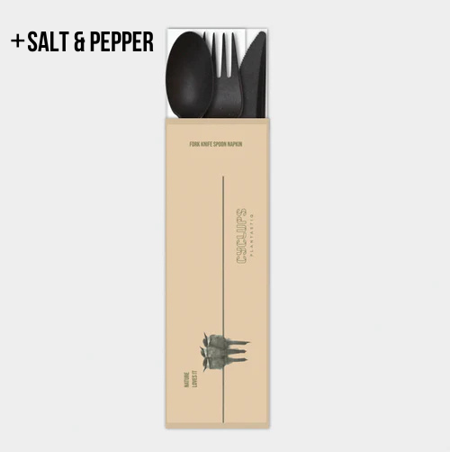 Individually wrapped black PLQ cutlery set with salt and pepper - compostable wheat-based tableware by Cyclups Plantastiq