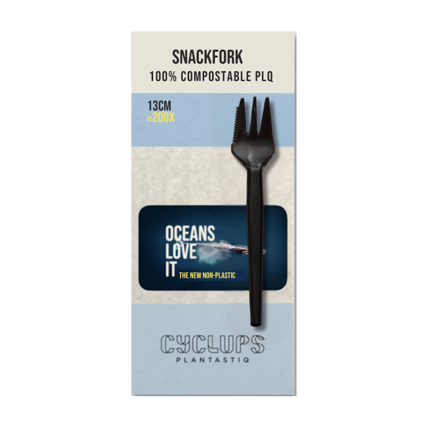 Cyclups Plantastiq SnackFork packaging, 100% compostable PLQ made from wheat, 13cm - non-plastic snack fork